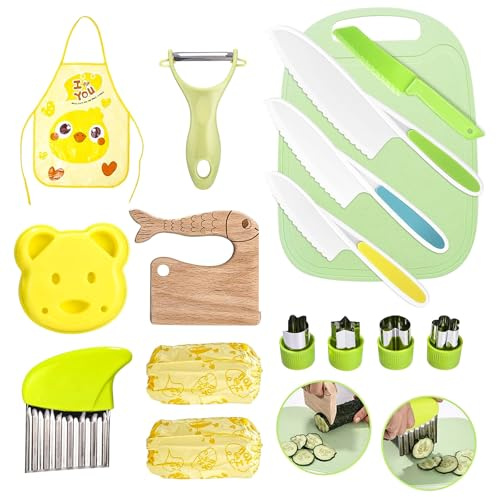 Kit Cuisine Enfant, 16 Pièces Couteau Montessori Enfant pour Couper et Cuire des Fruits ou Légumes, Ustensiles de Cuisine Qui ne Coupe Pas, à Partir de 2 Ans, Cadeau pour Anniversaire, Noël