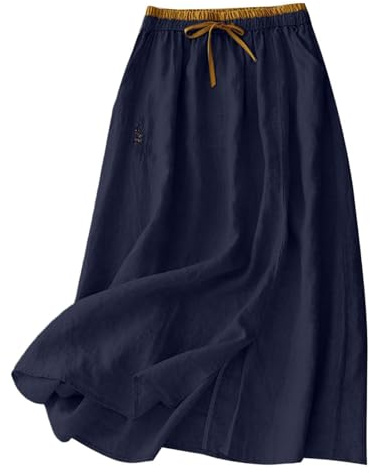 Falda de verano para mujer ligera y aireada – Elegante falda midi de línea A con bordados, bolsillos – Algodón y lino – Falda de ocio, marine, L