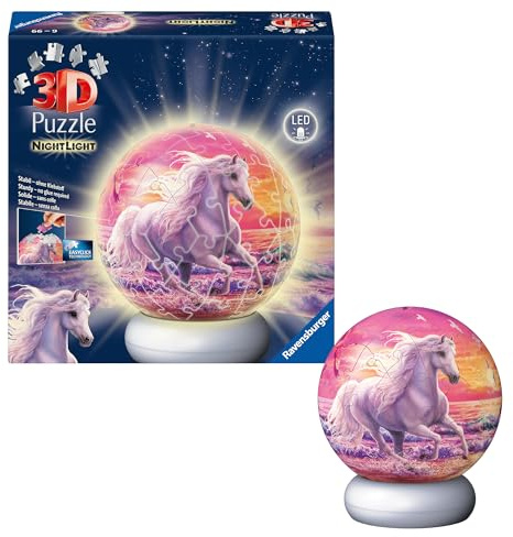 Ravensburger 3D Puzzle Pferde am Strand - 3D Puzzle Kinder ab 6 Jahren - Puzzle-Ball mit LED Nachtlicht als Nachttischlampe für Kinder - Pferde Geschenke für Mädchen und Jungen - 12008054