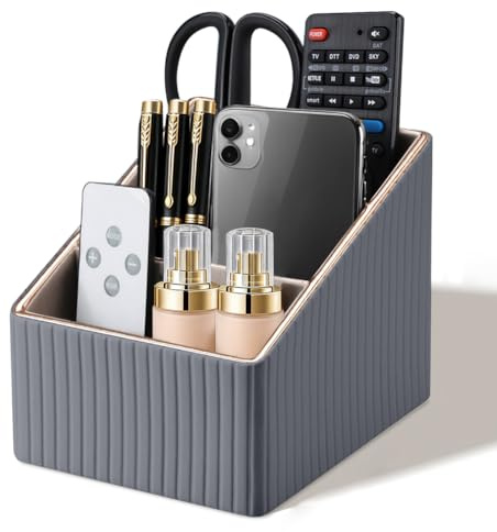 FARYODI Pennbox, skrivbordsorganisatör av PU, multifunktionell pennhållare och fjärrkontrollhållare med 3 fack för TV-kontor och hemmakontor (grå)