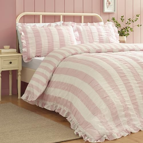 Catherine Lansfield Parure de lit avec Housse de Couette et taies d'oreiller en Seersucker à Rayures pour lit Super King Size Rose