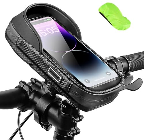 Veebmys Porta Cellulare Bici, Borsa Manubrio Impermeabile con Supporto Rotazione 360° e Schermo Tattile, Porta Smartphone per 4.7-7 Pollici con Copertura Pioggia MTB Moto