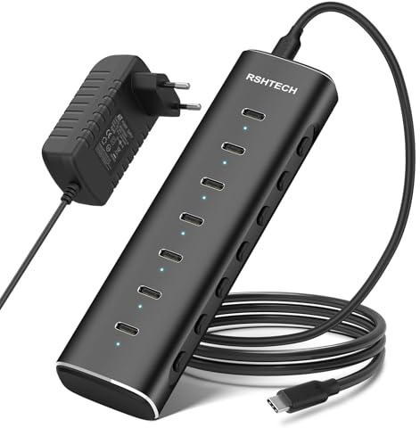 RSHTECH Hub USB C Alimentado de 36W, 7 Puertos Hub USB 3.2 en Aluminio con Adaptador de Corriente 12V/3A y Cable 1M para Portátiles/Ordenadores de Escritorio con Puertos USB-C y Thunderbolt, RSH-H7C