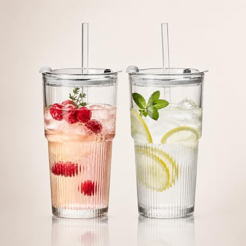 Uppsättning av 2 600 ml glaskoppar med lock och glassugrör, snygga ribbade dricksglas för iced kaffe, juice, smoothies och kalla drycker, inkl. rengöringsborste, hållbara återanvändbara glasservis