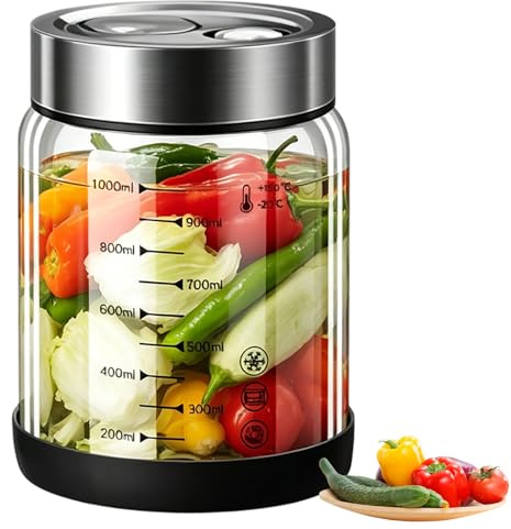 Feegela Bocal Fermentation 1L avec Valve d'Air, Pot Kéfir Kimchi en Verre | Bocal en Verre Fermentation avec Couvercle Hermétique, Bocaux Fermentation pour Choucroute, Kéfir d'Eau & Légumes, Sans BPA
