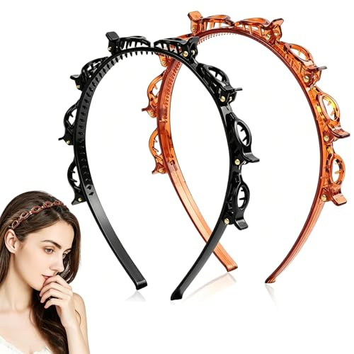 2 st Diadem med Clips, Dubbelt Diadem med Tandkam för Flätning och Pannlugg, Halkfria Håraccessoarer för Kvinnor och Flickor, Svart och Brun