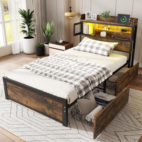 Merax 3FT Single Metal Bed Frame with LED Lights & USB Charging Station, Storage Bed with 2 Drawers and Headboard Cabinet, Single Bed for Kids, Teenagers & Adults, Heavy Duty Iron Bed, 90 x 190 cm