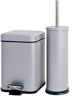 Harbour Housewares 3L Bathroom Bin & Brush Set - Matte Grey - 2pc Mismatched Stainless Steel Square Pedal Bin & Round Toilet Brush Set Slim Small Trashcan for Kitchen Waste, Bathroom Rubbish