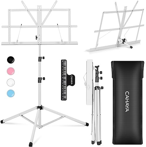 CAHAYA Portable Sheet Music Stand: Dual Use Desktop Book Holder Folding Lightweight Extra Stable Reinforced with Carrying Bag and Clip for Students Musicians Height Adjustable up to 54.3 CMS0204W