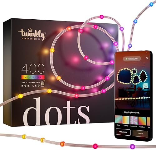 Twinkly Dots 20m, Striscia LED Multicolore per Esterno e Interno, Striscia LED RGB Flessibile, Compatibile con Alexa e Google Home, IP44, 16M+ Colori, Controllo App, Filo Trasparente, 400 LED