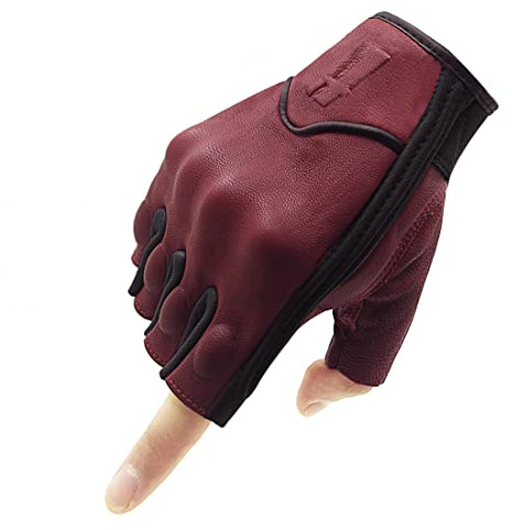 Harssidanzar Guantes de Motocicleta de Cuero de Piel de Cabra sin Dedos para Hombre con Pantalla táctil GM037EU,Rojo/Negro,Talla XL