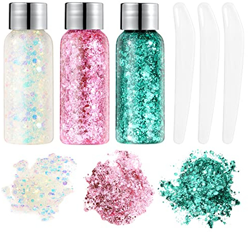 URAQT Holographic Mermaid Sequins Glitter Gel - 3pc Chunky Cosmetic Glitter Face & Body Gel for Festival Party Makeup & DIY Art
