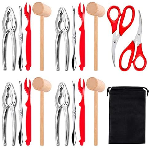 19-teiliges Edelstahl-Krabben- und Hummer-Werkzeug-Set – Professionelle Schalentier-Knallbonbons mit Schlägeln, Gabeln, Scheren und Aufbewahrungstasche, Meeresfrüchte-Schäl-Set für Zuhause und