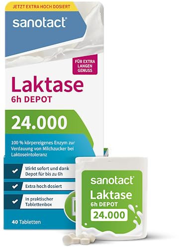 sanotact Laktase 24.000 6h DEPOT (40 Laktasetabletten) • Laktose Tabletten mit Depot-Wirkung • Bei Laktoseintoleranz & Milchunverträglichkeit • Sofortwirkung & 6h Langzeit-Depot