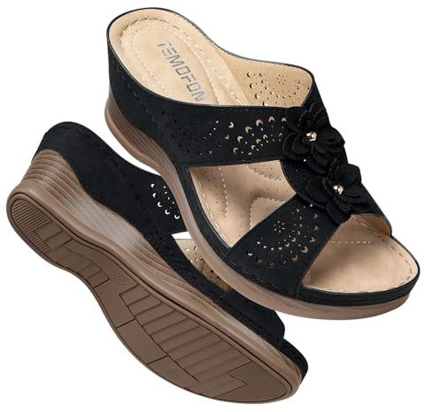 TEMOFON Womens Wedge Sandals Leather: Casual Dressy Women Black Summer Platform Wedge Sandals Slip on Low Heels Comfortable Walking Size 10