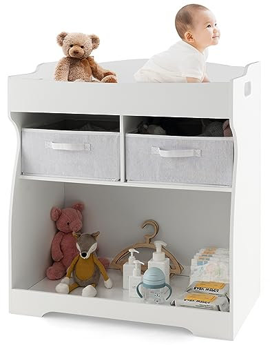 LIFEZEAL Wickelkommode mit Wickelauflage, Wickeltisch mit Schubladen, Sicherheitsgurt & Aufbewahrungsfläche, 2 in 1 Wickelkombination aus Holz, für Baby 0-6 Monate