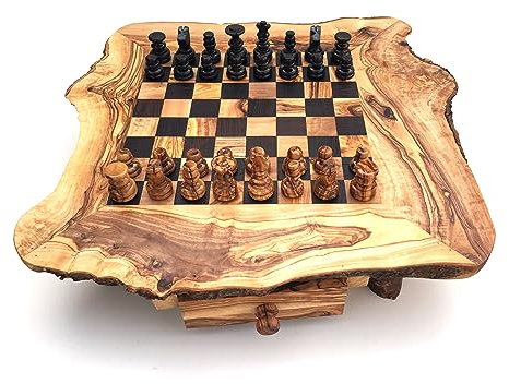 Schachspiel rustikal, Schachtisch Gr. wählbar M/L/XL inkl. Schachfiguren handgemacht aus Olivenholz/Wenge Geschenkidee. (L)