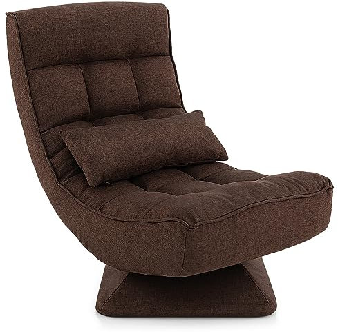 COSTWAY Chaise de Sol Pliable Réglable à 5 Positions, Fauteuil Rembourré Pivotante, avec Oreiller Lombaire, Fauteuil de Salon pour Méditer, Lire, se Reposer, sans Assemblage (Marron)