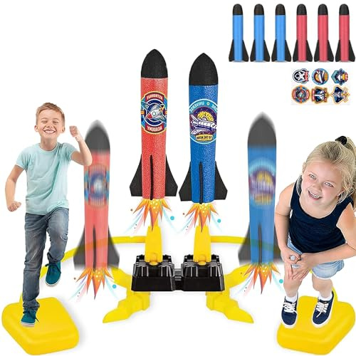 XFLYP Cohete Juguete, Doble Cohete de Aire Lanzador con 6 Cohetes de Espuma, Avion Juguet Brinquedos Rocket para Exterior, Jardin, Juegos Infantiles Aire Libre, para Juguetes Niños 2-12 Años