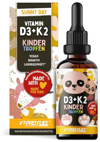 Vitamin D3 + K2 KINDER Tropfen 1000x für 333 Tage - mit 650 IE Vitamin D3 + 20 µg bioaktives Vitamin K2 MK7 (Pharmaquinone®) - Immunsystem & Knochen - laborgeprüft mit Zertifikat - 100% vegan