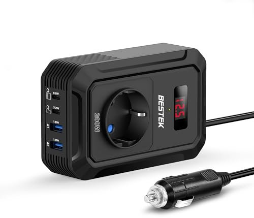 BESTEK Convertisseur 12v 220v 230v 240v 200W Prise Allume Cigare Transformateur de Tension,4 Ports USB et 1 Prises EU, Chargeur Voiture Camping Car avec Multi Protections (Noir)