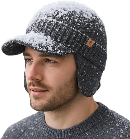 TOP-EX Waterproof 80% Merino Wool Peaked Beanie Hats Men with Ear Flaps Ladies Winter Hats with Brim Warm Fleece Lined Womens Newsboy Baker Boy Caps for Golf Running Grey M/L