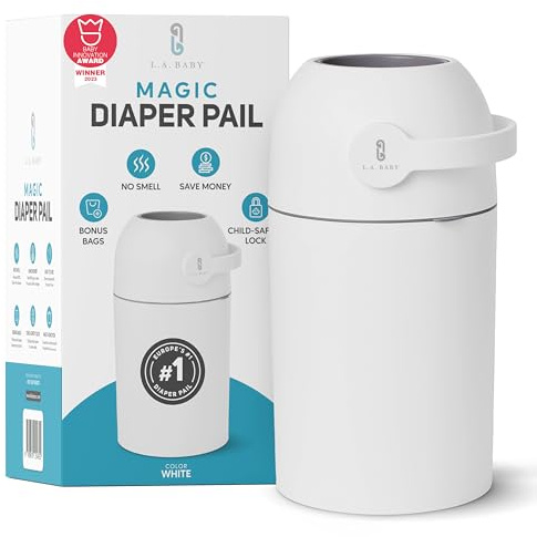 L.A. BABY Magic Diaper Pail - Patented 100% Odor-Free System with Child-Safe Lock - Award-Winning Design - No Refills Required - Works with Regular Trash Bags - White