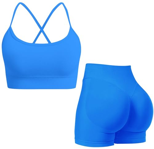 Gym Workout Sets for Women 2 Piece Seamless Strappy Crisscross Sports Bra Hidden Scrunch Shorts Yoga Outfits Activewear Tracksuits