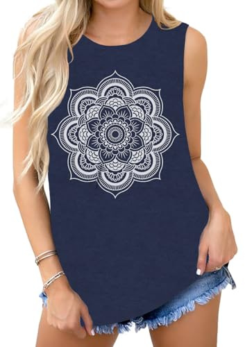 Cuptacc tanktopp damer sommar toppar rund hals tryck ärmlös t-shirt damer ledig, Krysantemum mörkblå, S