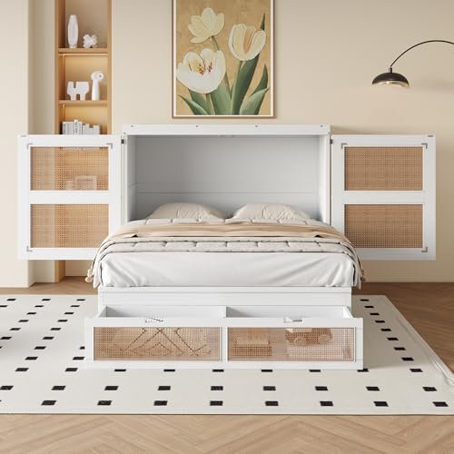 Kebnor Schrankbett, Wandbett mit Lattenrost, Wandklappbett, vertikales schrankbett mit Lattenrost, mit Stauraumschubladen, Rattan-Design, Holzbetten, Jugendbetten, Einzelbetten, 140 x 200 cm (Weiß)