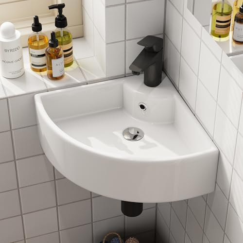 HOROW White Ceramic Corner Basin Slim Rim | Bathroom Wash Basin,Wall-Mounted & Countertop Mounted, Small Space Toilet Sink for Bathroom, Cloakroom, WC