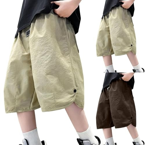 Boys Summer Shorts Cotton Elastic Waist Athletic Jogger Short Teen Kids Loose Casual Breathable Sport Pockets Trousers Soft Comfort Lightweight Pants (Green, 13-14 Years)