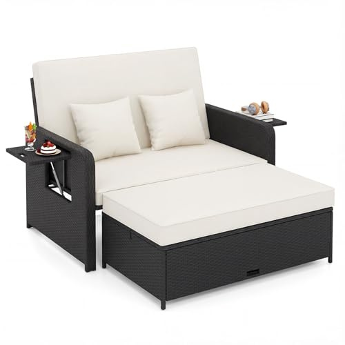 COSTWAY Patio Rattan Daybed with Cushions, Outdoor Wicker Loveseat Sofa with Storage Ottoman, 4-Level Adjustable Backrest, Bed Lounger for Yard, Balcony, Porch, Garden, Pool (Black+White)