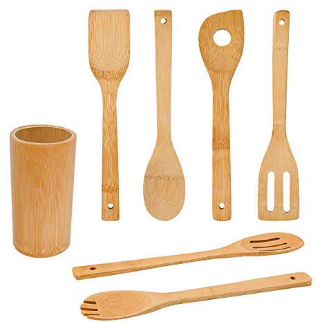 Bamboo Wooden Spoons & Spatulas Set - 6 Pieces Kitchen Cooking Utensils and 1 Holder, Heat Resistant for Non Stick Cookware