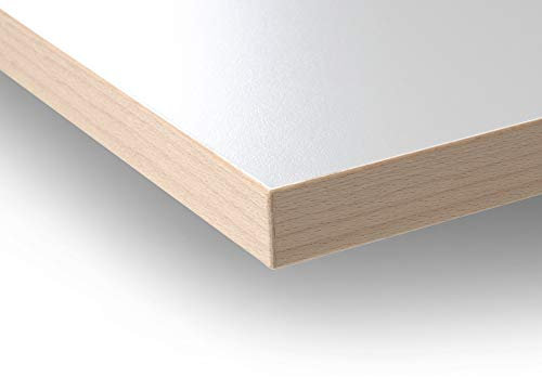 Modulor Holz Tischplatte in 2,5 x 68 x 138 cm mit Kern aus Spanplatte, Platte für Arbeitstisch, mit Buche-Umleimer und Laminatbeschichtung, weiß geperlt