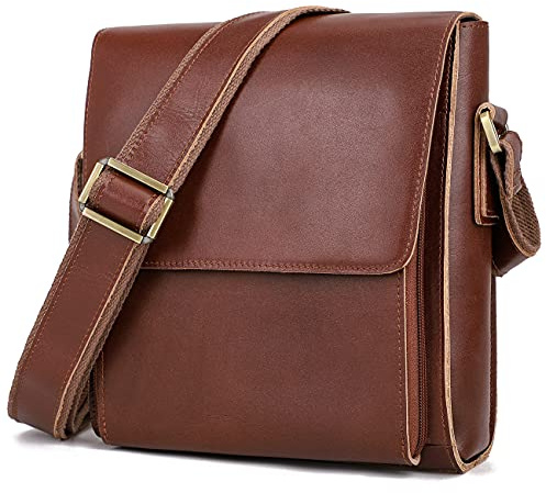 Augus Leather Messenger Shoulder Crossbody Bag for Men Work Business Vintage Magnetic Buckle Big Capacity Adjustable straps (Brown red)