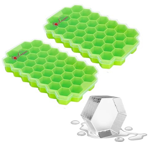 Vinsani 2 Pack Ice Cube Hexagon Tray with Clear Removable Lid Easy-Release Silicone Flexible Ice Cube Moulds LFGB Certified and BPA Free Stackable Durable – Green