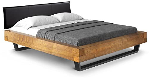 moebel-eins CURBY Balkenbett mit Polster-Kopfteil, Kufenfuß, Material Massivholz, 180 x 200 cm, Vintage, Kunstleder Schwarz