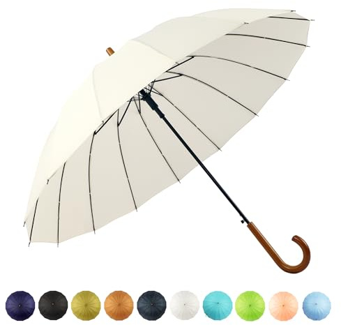SoulRain 16 Ribs 48 Stick Umbrella Auto Open Solid Color Fashionable and Simple，Arc Classic Wood Handle，Windproof Unbreakable Stick Rain Umbrella (Cream)