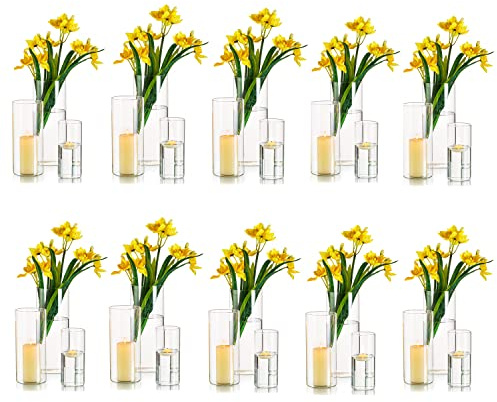Hewory Cylindervas i glas för bordsdekoration, set med 30 stycken genomskinliga vaser för bröllopsevenemang, bordsuppsatser, stormljushållare för pelare, flytande ljus, blomvas för vardagsrum, heminredning