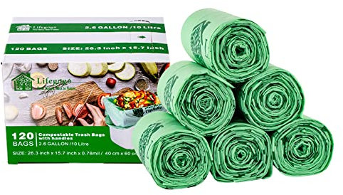 120 Organic Waste Bags 10 L with Handle: 100% Compostable Bin Liners, Kitchen Food Waste Bags for Kitchen, Office, Living Room (50 x 60 cm, Green)