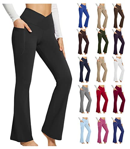 Liebeimmer – Pantalon de yoga bootcut pour femme, legging évasé taille haute croisé avec poches, A01#black, M