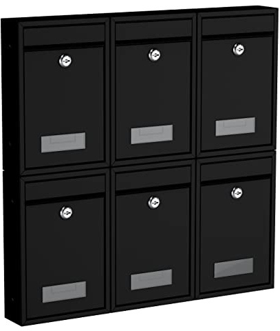 BASI Juego de 6 buzones de pared de acero, color negro mate, con placa para nombre, cerradura cilíndrica con 2 llaves cada una, incluye material de fijación, sistema de buzón, 6 unidades