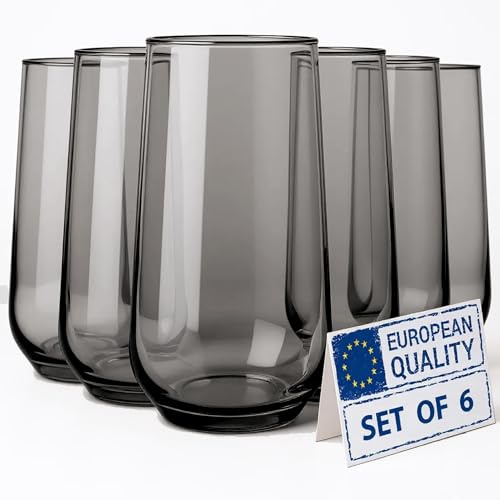 Biandeco Grey Drinking Glasses Set of 6 | Translucent Black Glassware | 16 oz Smoked Grey Glass Cups | Highball Drinkware for Cocktails, Long Drink, Mojito, Juice, Soda | Modern Charcoal Drinkware