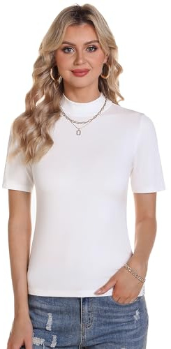 Totatuit T-Shirt Femme Été Chemisier Chic Blouse col roulé Tops à Manches Courtes Hauts Décontracté Ete T Shirt Tunique T-Shirt Blanc，M