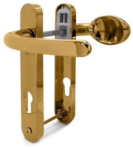 TSS Polished Brass UPVC Door Handle Pair Set, Sprung, 92mm PZ (Centres), Lever Moveable Pad, 122mm Screw to Screw (Screw centres), Backplate 212mm x 34mm - Replacement PVC Door Handle Polished Brass