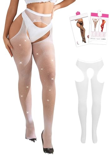 ohyeahlady Collant Resille Ouvert à L'Entrejambe Grande Taille Collant Fantaisie Strass Porte Jarretelle Bas Resille Sexy Pute Autofixant Tenu Lingerie Et Vetement Halloween Cosplay XS-M,Blanc