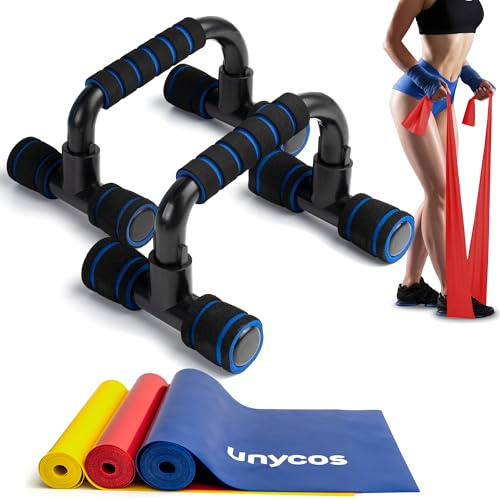 unycos - Soportes para Flexiones + 3 Bandas Elásticas de Resistencia/Fitness de Látex【7-11 kg】Push up Bars, Barras Paralelas de Calistenia con Mango Ergonómico, Gimnasio en Casa (Azul)