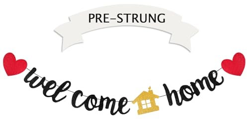 Cartel de bienvenida preencordado, decoración de fiesta de bienvenida con purpurina negra, decoración de fiesta para el hogar, pancarta de bienvenida para el hogar, suministros de fiesta temática