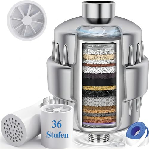Raheem 36 Stage Shower Filter Vitamin C E Limescale Filter Shower with 2 Filter Cartridges for Removing Hard Water, Residual Chlorine and Heavy Metals with Fan Blades for All Standard Shower Filters